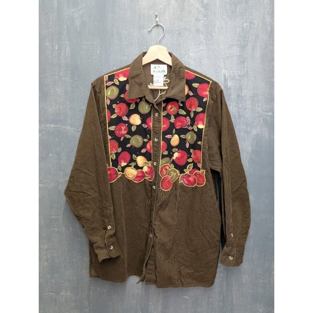 The Quacker Factory BOHO Shirt Womens Large Olive Green Apple Print Corduroy
